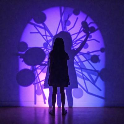 The primary subject of the image is a young girl standing in a room with a purple glow. She is holding a teddy bear in her hand. The setting appears to be a room with a purple light, possibly a darkened room or a room with a purple light source. The visual style of the image is a combination of a photo and a digital art, creating a unique and artistic atmosphere. The colors and mood of the image are predominantly purple, giving it a calm and serene feel.